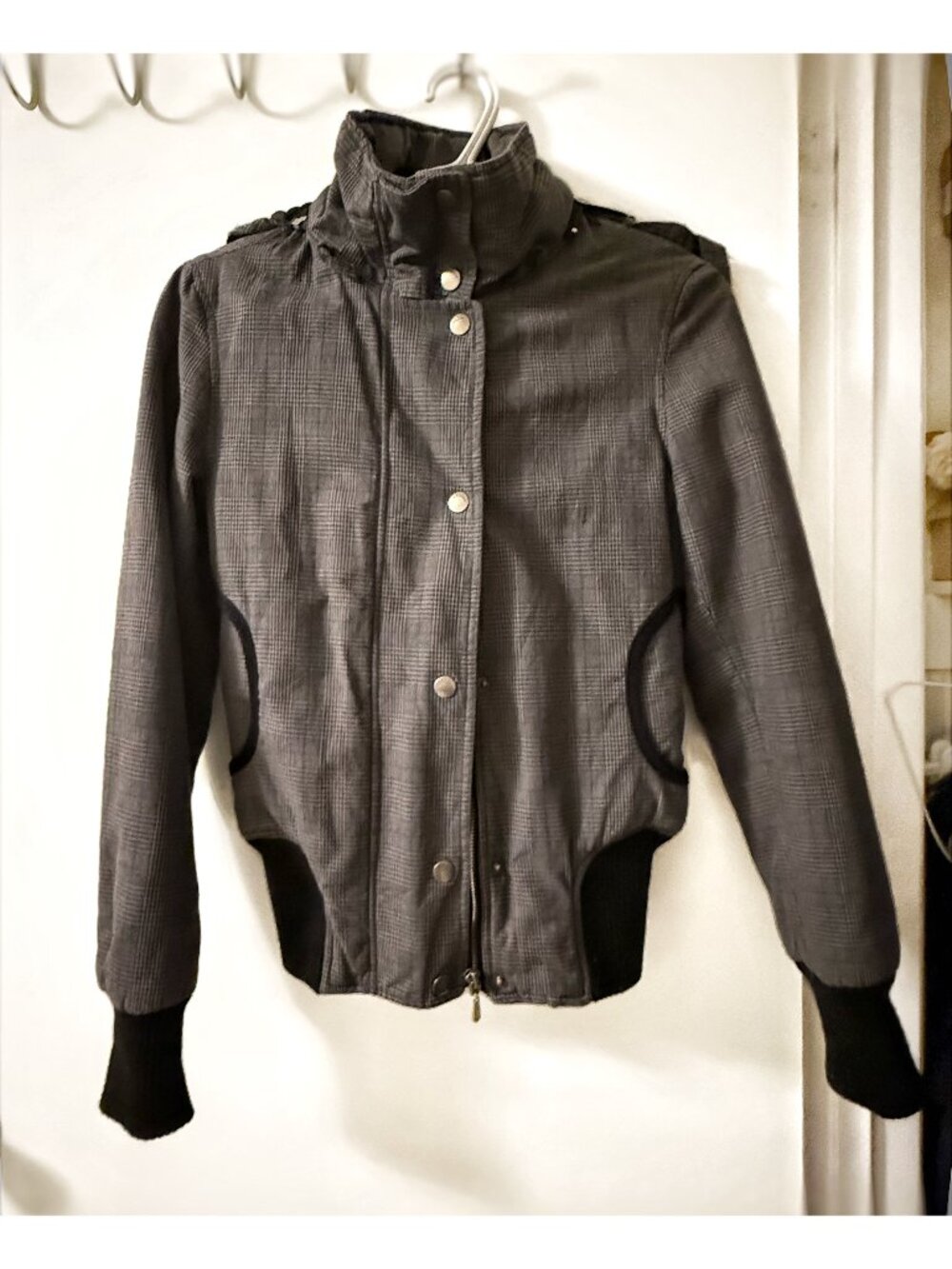 vintage-inspired grey plaid moto jacket